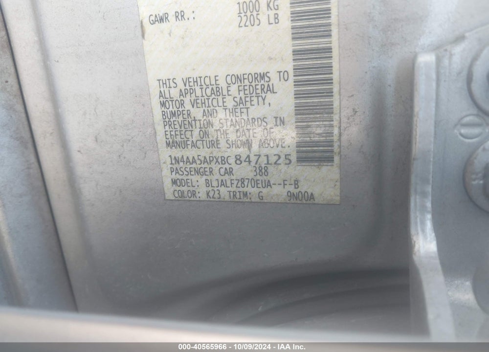2011 NISSAN MAXIMA 3.5 SV VIN: 1N4AA5APXBC847125