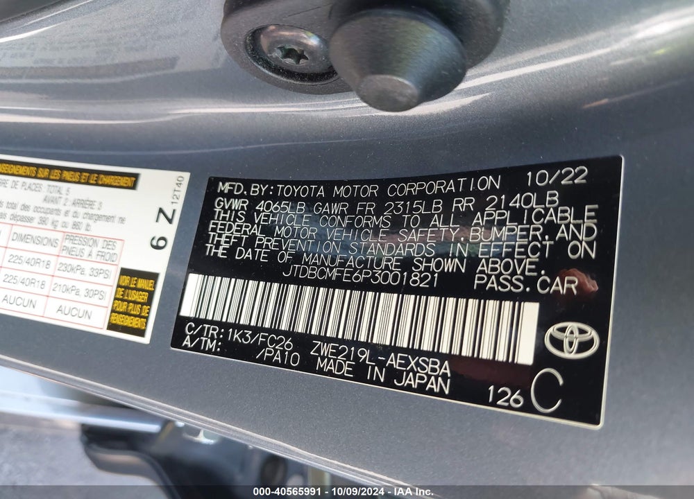 2023 TOYOTA COROLLA HYBRID SE VIN: JTDBCMFE6P3001821