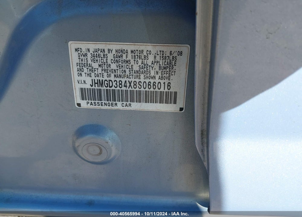 2008 HONDA FIT VIN: JHMGD384X8S066016