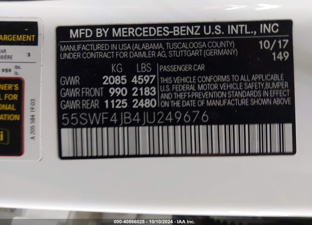 2018 MERCEDES-BENZ C 300 VIN: 55SWF4JB4JU249676
