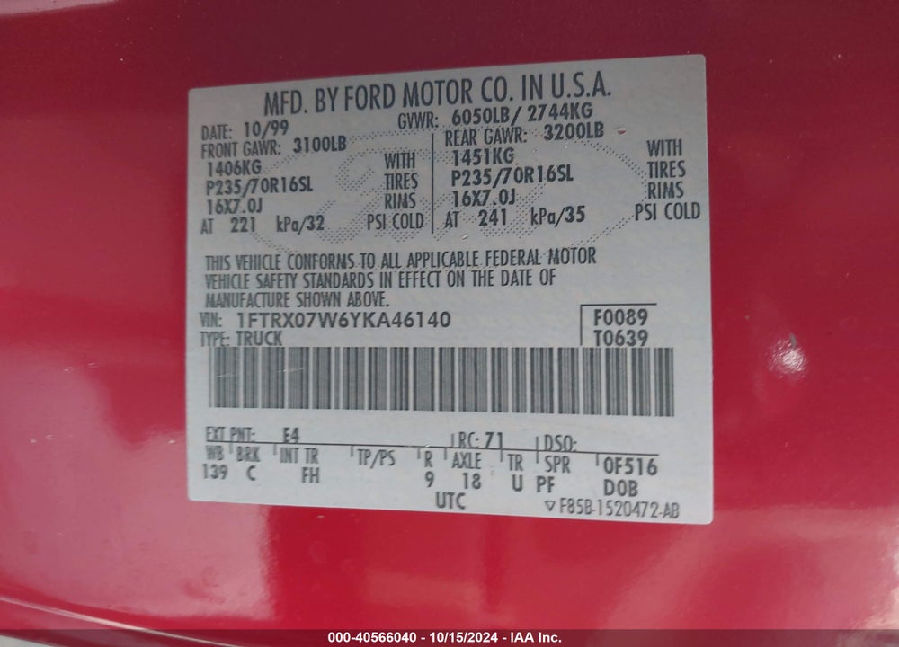 2000 FORD F-150 LARIAT/XL/XLT VIN: 1FTRX07W6YKA46140