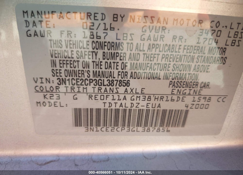 2016 NISSAN VERSA NOTE S (SR)/S PLUS/SL/SR/SV VIN: 3N1CE2CP3GL387856