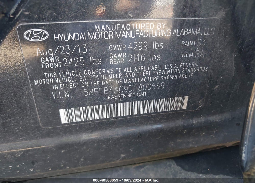 2013 HYUNDAI SONATA VIN: 5NPEB4AC9DH800546