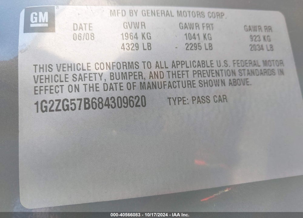 2008 PONTIAC G6 VIN: 1G2ZG57B684309620