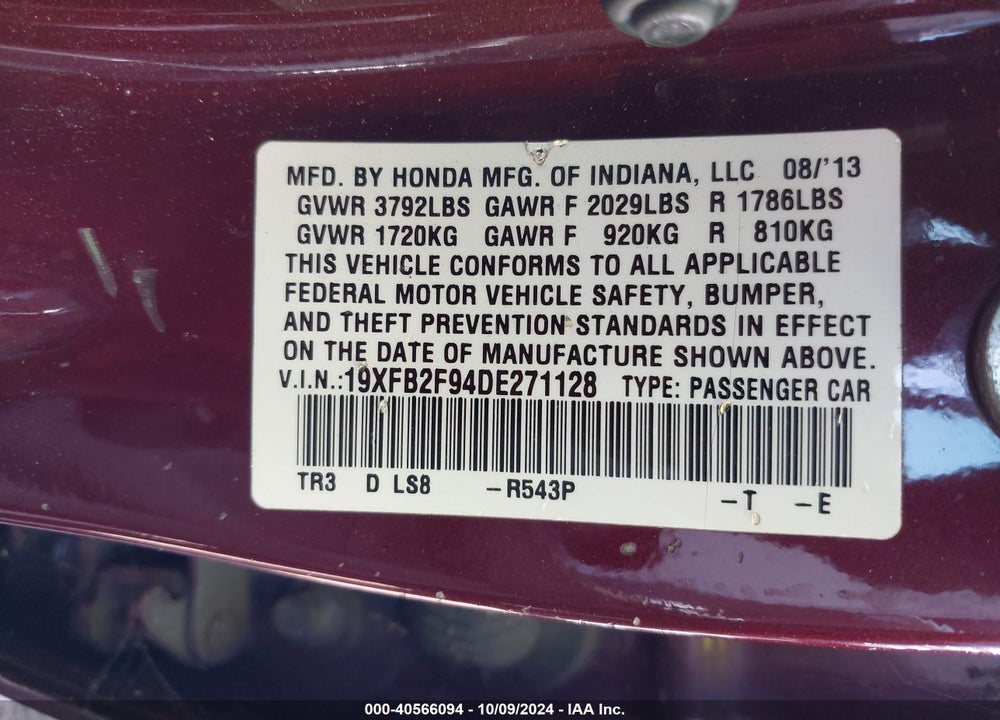 2013 HONDA CIVIC EX-L VIN: 19XFB2F94DE271128