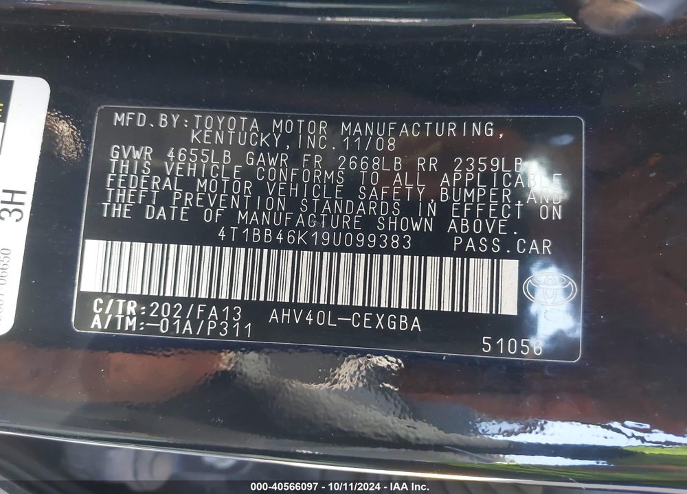 2009 TOYOTA CAMRY HYBRID VIN: 4T1BB46K19U099383
