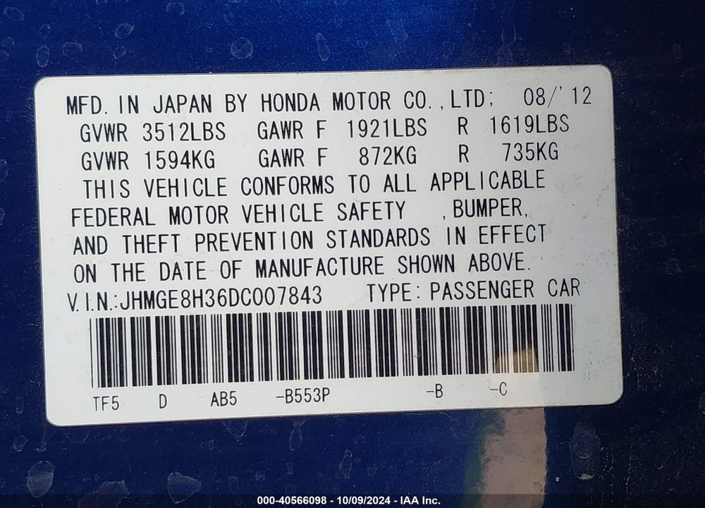 2013 HONDA FIT VIN: JHMGE8H36DC007843