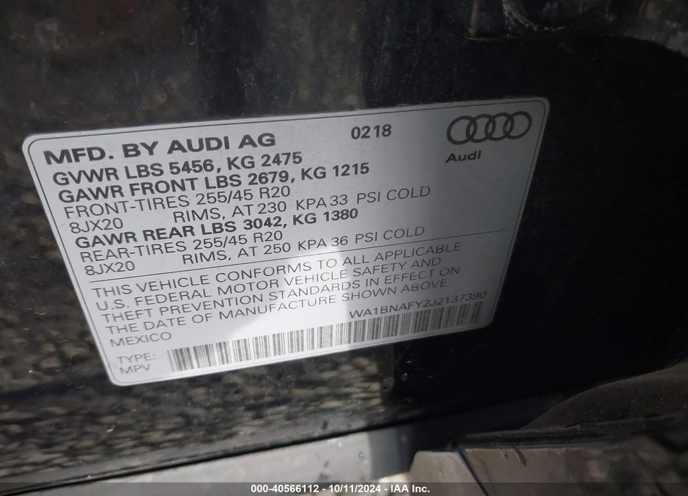 2018 AUDI Q5 2.0T PREMIUM/2.0T TECH PREMIUM VIN: WA1BNAFY2J2137390