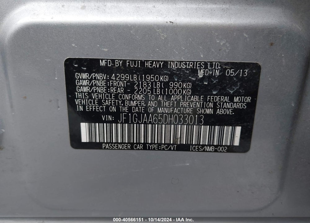 2013 SUBARU IMPREZA 2.0I VIN: JF1GJAA65DH033013