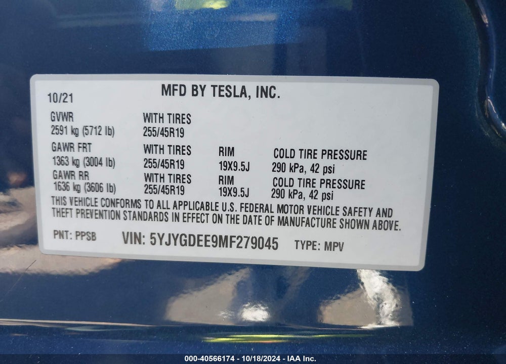 2021 TESLA MODEL Y LONG RANGE DUAL MOTOR ALL-WHEEL DRIVE VIN: 5YJYGDEE9MF279045