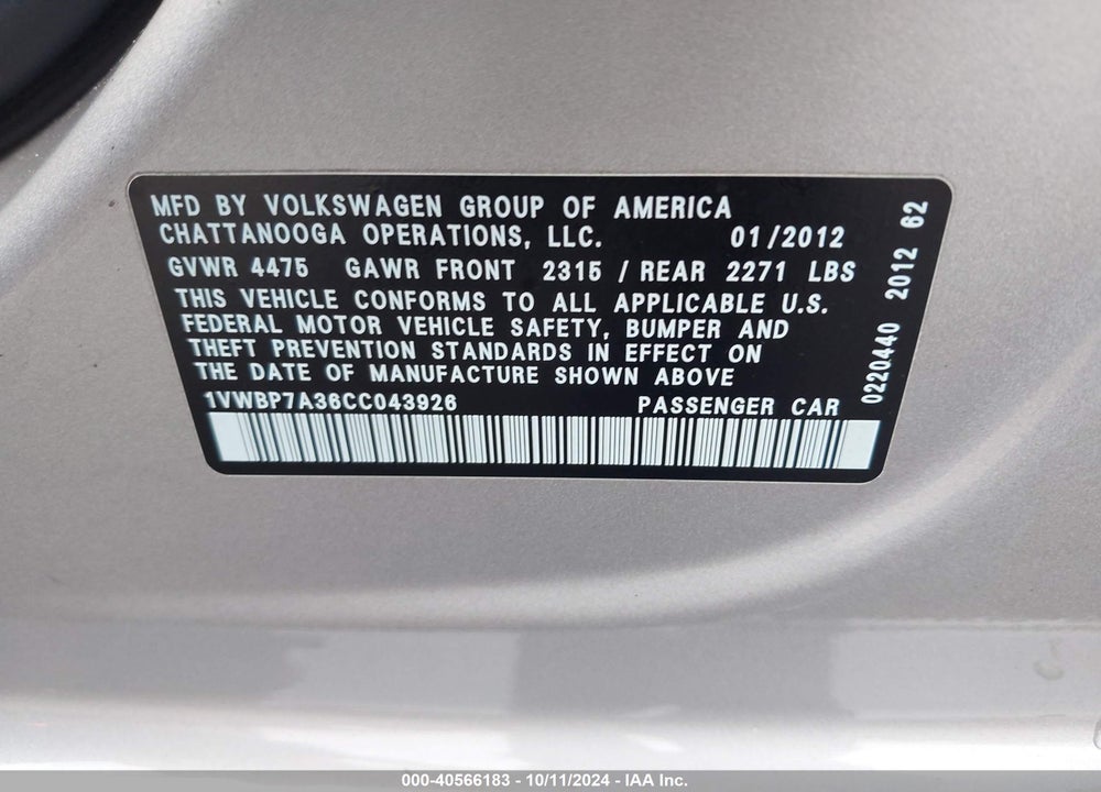 2012 VOLKSWAGEN PASSAT 2.5L SE VIN: 1VWBP7A36CC043926