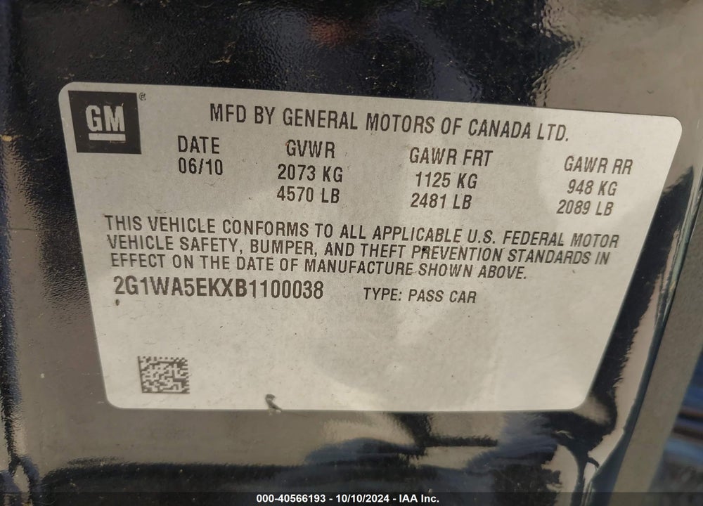2011 CHEVROLET IMPALA LS VIN: 2G1WA5EKXB1100038