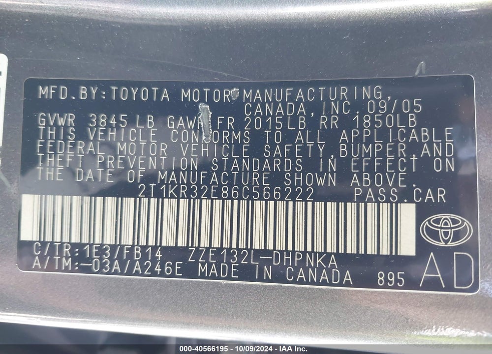 2006 TOYOTA MATRIX/XR VIN: 2T1KR32E86C566222