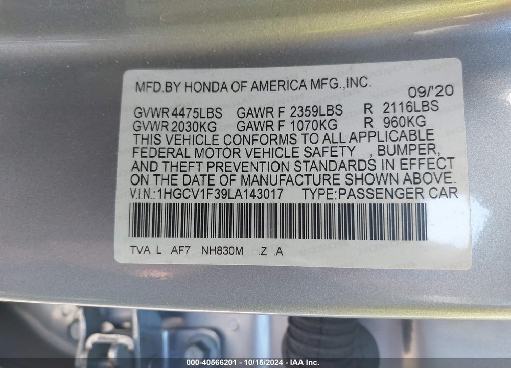 2020 HONDA ACCORD SPORT VIN: 1HGCV1F39LA143017