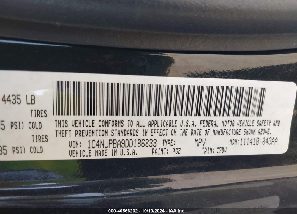 2013 JEEP PATRIOT SPORT VIN: 1C4NJPBA9DD186833