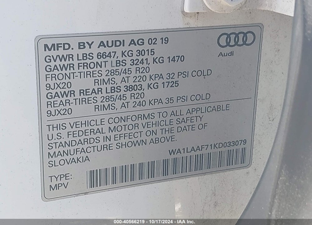 2019 AUDI Q7 55 PREMIUM/55 SE PREMIUM VIN: WA1LAAF71KD033079