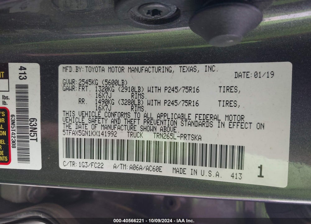 2019 TOYOTA TACOMA SR5 VIN: 5TFAX5GN1KX141992