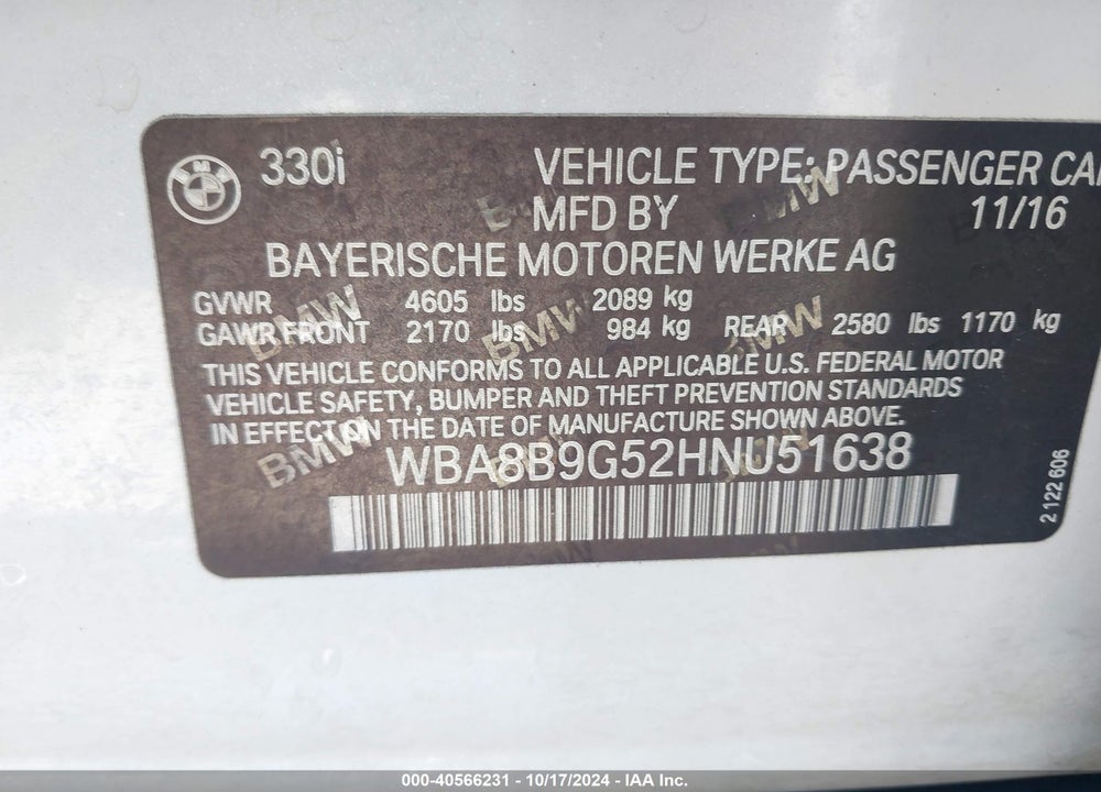 2017 BMW 330I VIN: WBA8B9G52HNU51638
