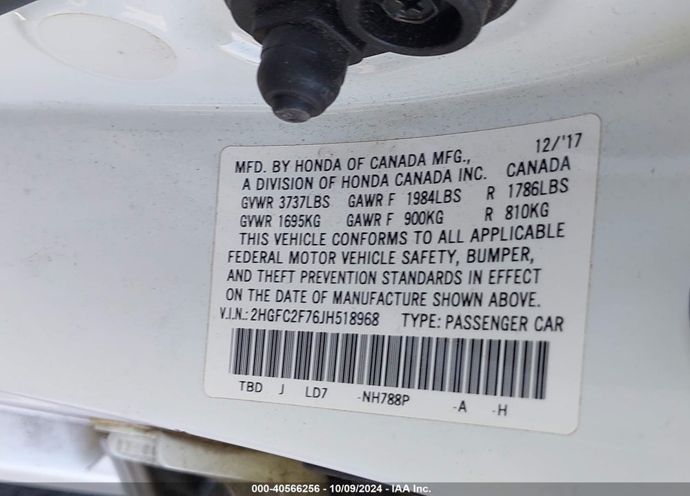 2018 HONDA CIVIC EX VIN: 2HGFC2F76JH518968