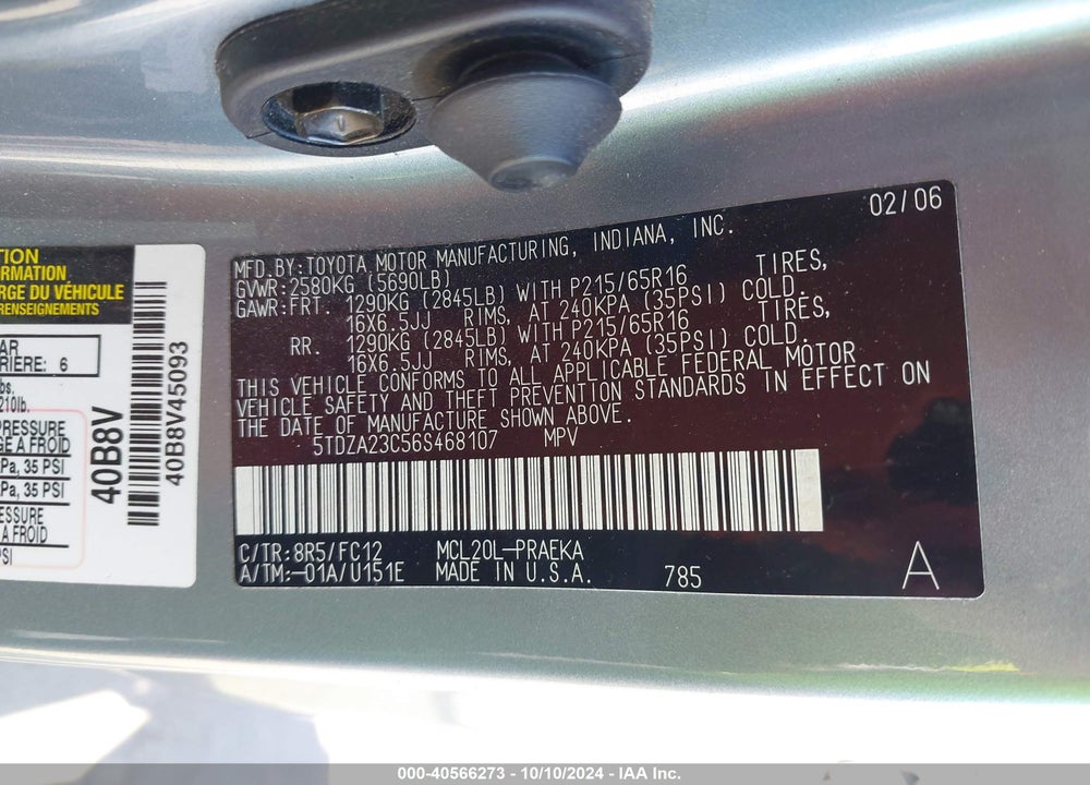 2006 TOYOTA SIENNA LE VIN: 5TDZA23C56S468107