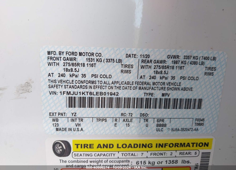 2020 FORD EXPEDITION LIMITED VIN: 1FMJU1KT6LEB01942