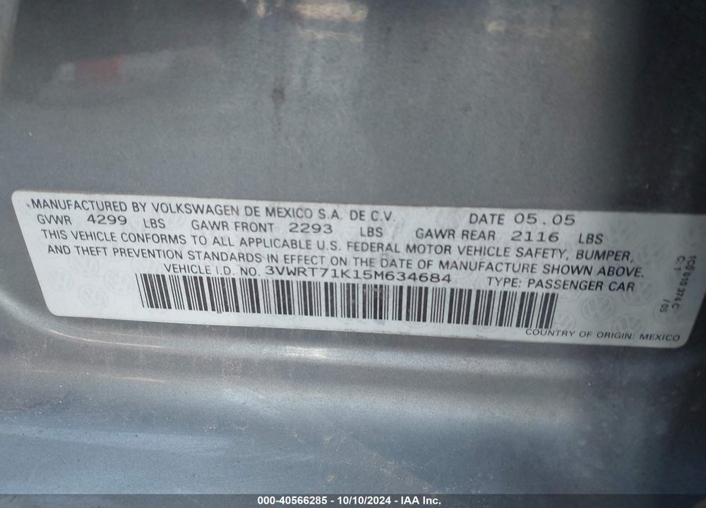 2005 VOLKSWAGEN JETTA TDI VIN: 3VWRT71K15M634684