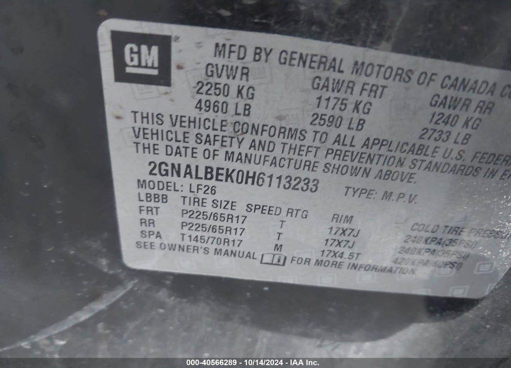 2017 CHEVROLET EQUINOX LS VIN: 2GNALBEK0H6113233