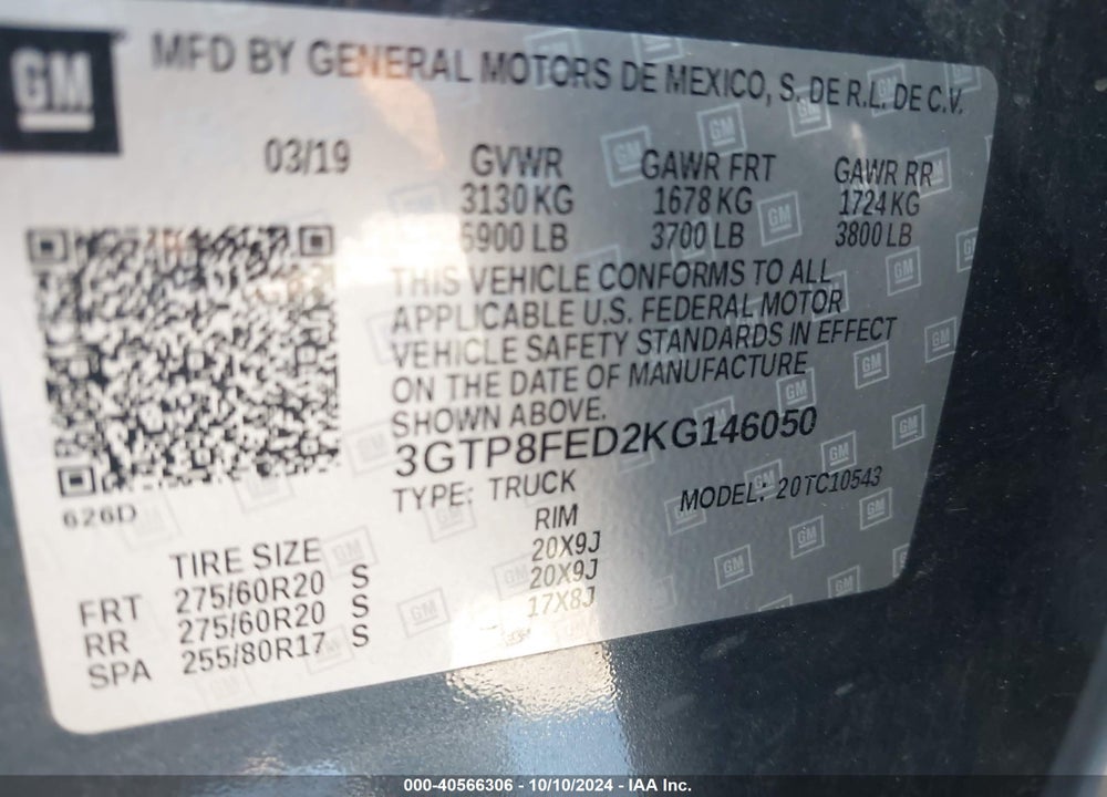 2019 GMC SIERRA 1500 DENALI VIN: 3GTP8FED2KG146050
