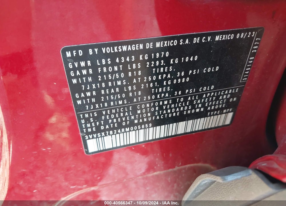 2024 VOLKSWAGEN TAOS 1.5T SE VIN: 3VVSX7B24RM005659