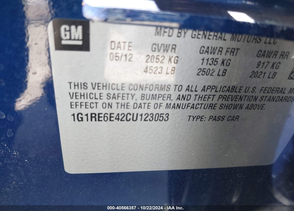 2012 CHEVROLET VOLT VIN: 1G1RE6E42CU123053