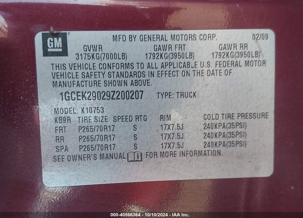 2009 CHEVROLET SILVERADO 1500 LT VIN: 1GCEK29029Z200207