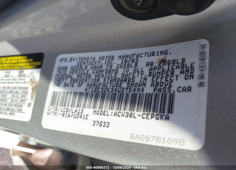 2004 TOYOTA CAMRY XLE VIN: 4T1BE32K34U275494