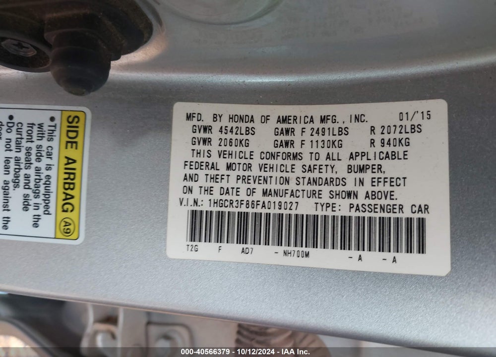 2015 HONDA ACCORD EX-L V-6 VIN: 1HGCR3F86FA019027