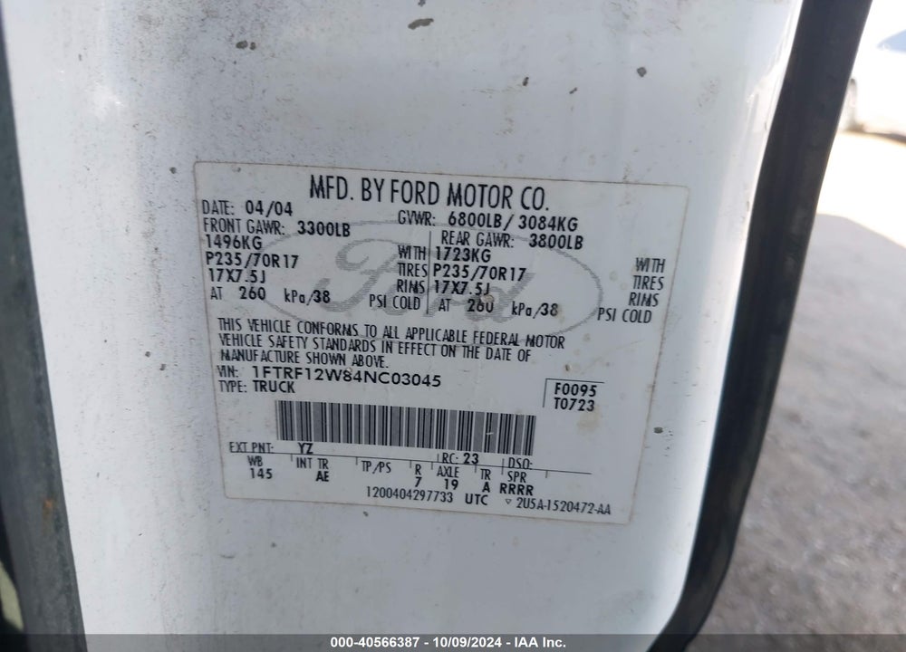 2004 FORD F-150 STX/XL/XLT VIN: 1FTRF12W84NC03045
