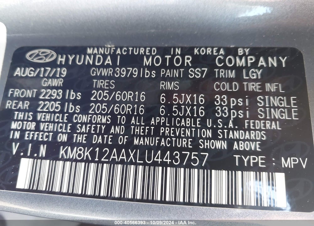 2020 HYUNDAI KONA SE VIN: KM8K12AAXLU443757