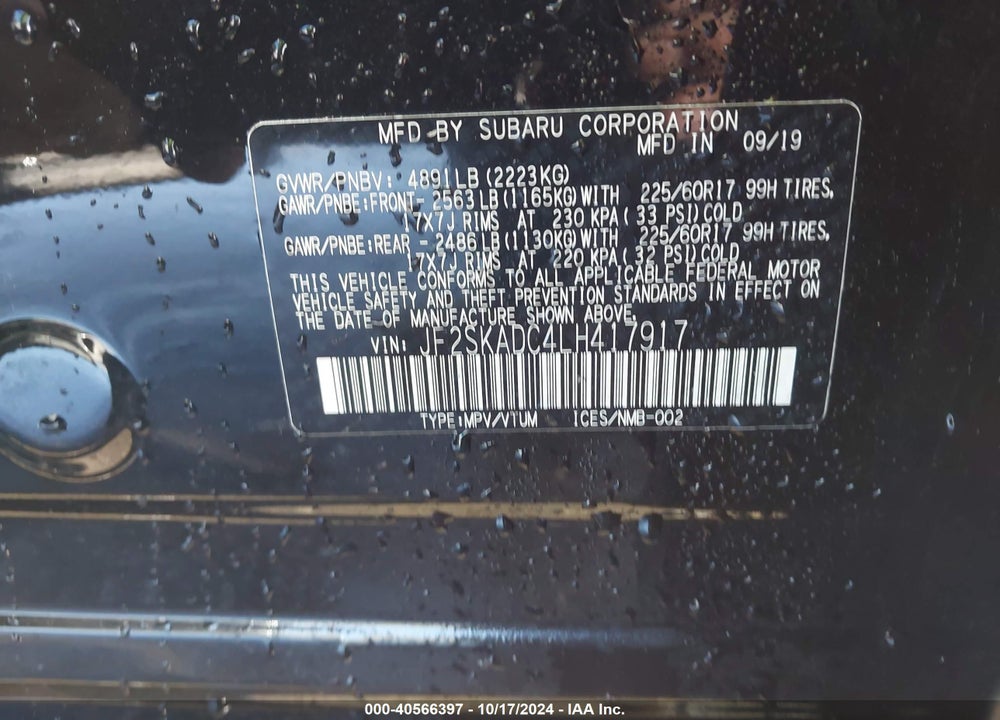 2020 SUBARU FORESTER VIN: JF2SKADC4LH417917