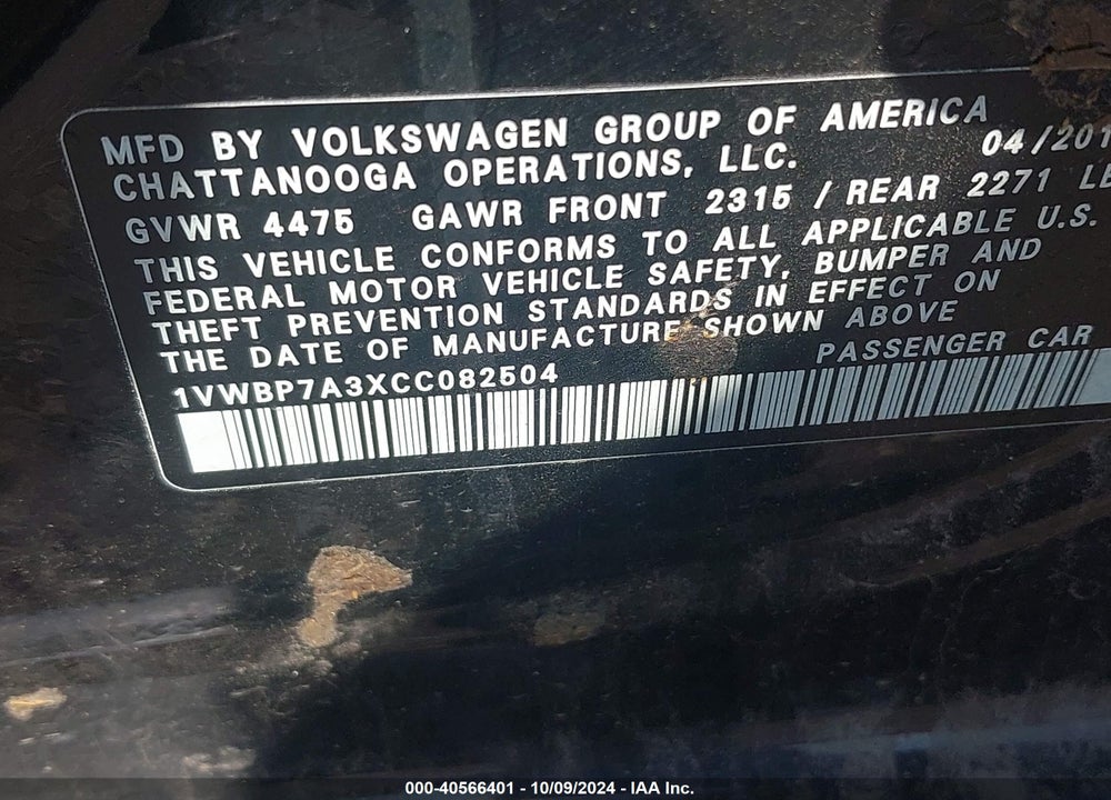 2012 VOLKSWAGEN PASSAT 2.5L SE VIN: 1VWBP7A3XCC082504