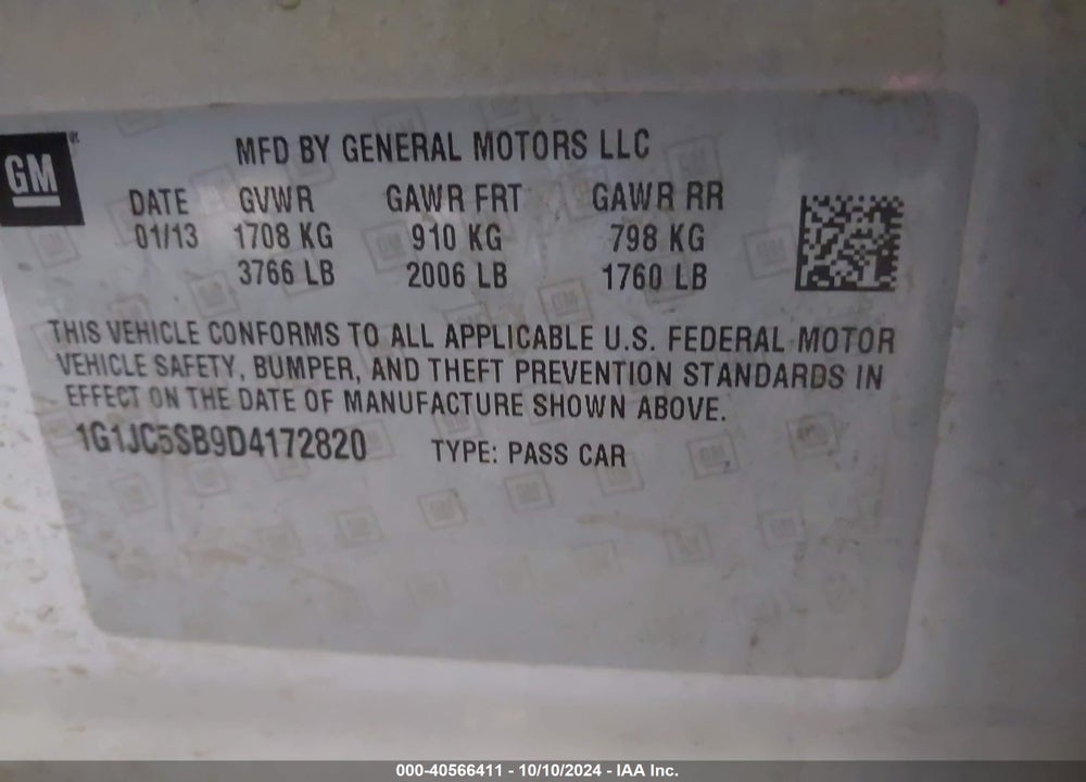 2013 CHEVROLET SONIC LT AUTO VIN: 1G1JC5SB9D4172820