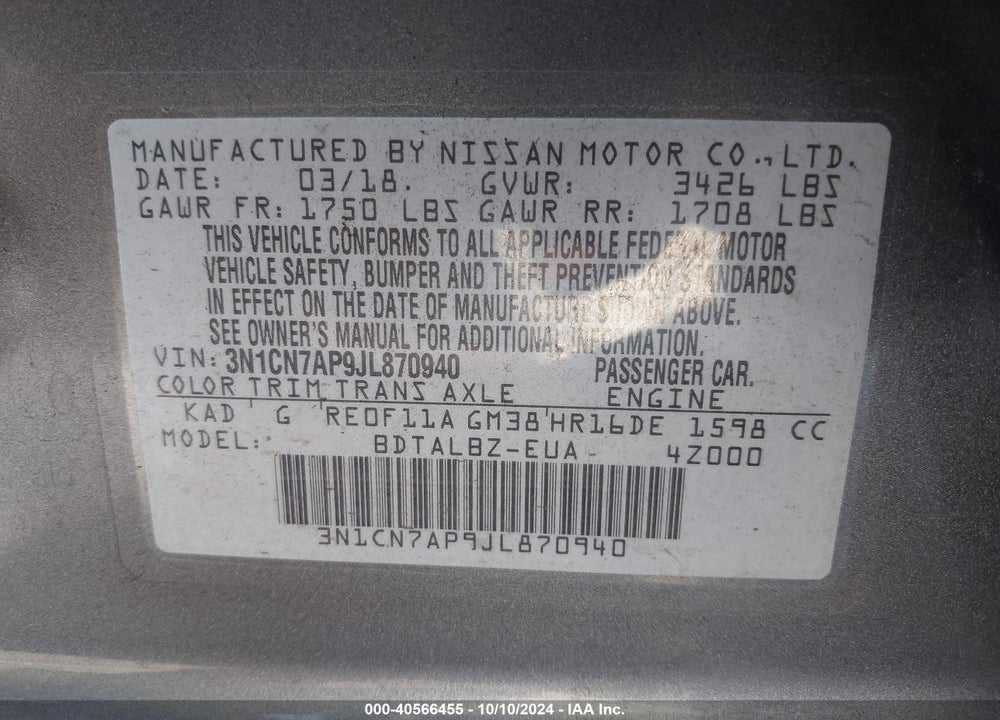 2018 NISSAN VERSA 1.6 SV VIN: 3N1CN7AP9JL870940