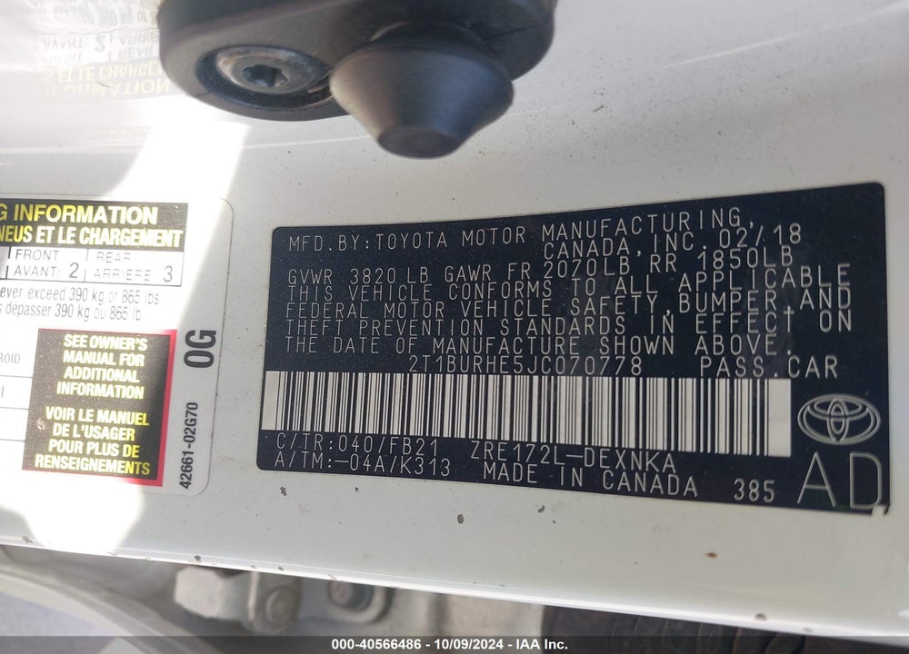 2018 TOYOTA COROLLA LE VIN: 2T1BURHE5JC070778