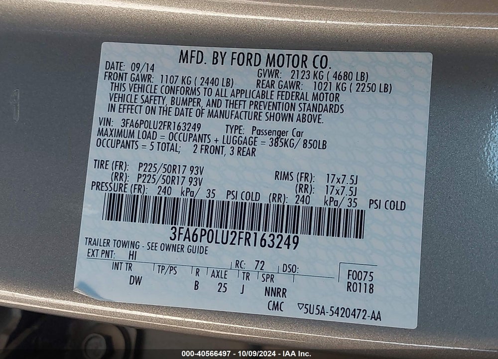 2015 FORD FUSION HYBRID SE VIN: 3FA6P0LU2FR163249