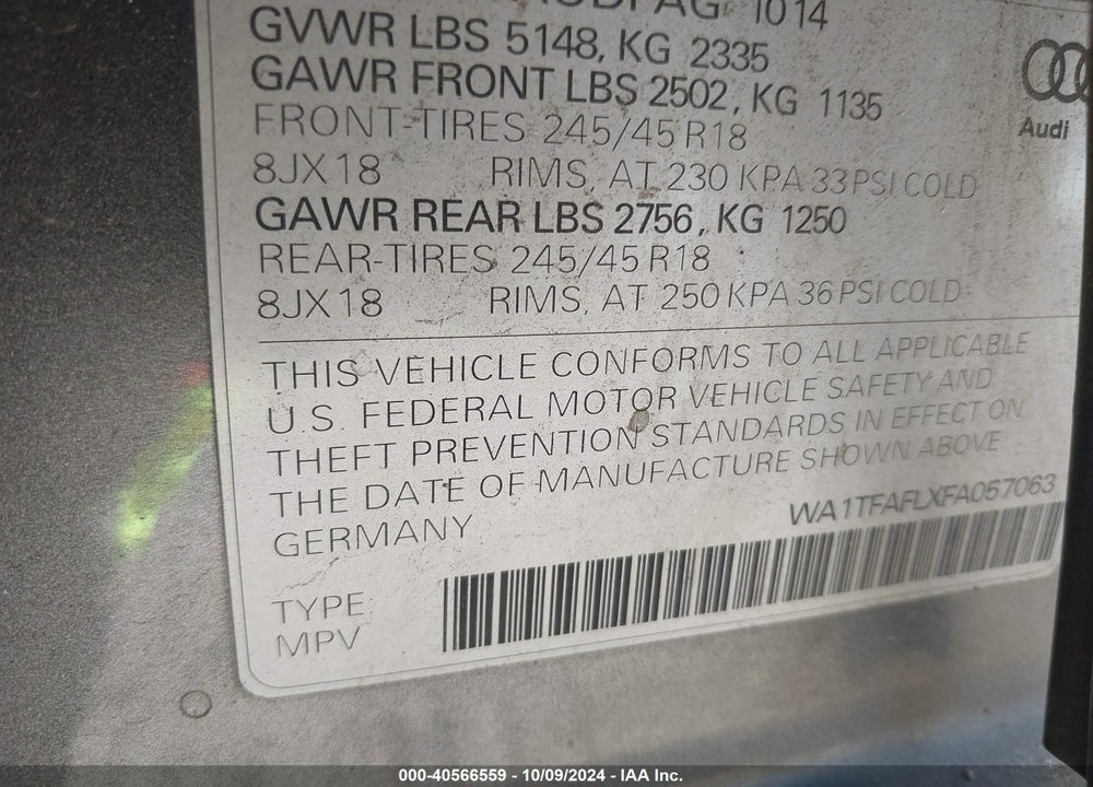 2015 AUDI ALLROAD 2.0T PREMIUM VIN: WA1TFAFLXFA057063