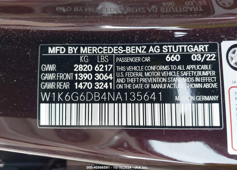 2022 MERCEDES-BENZ S 500 4MATIC VIN: W1K6G6DB4NA135641