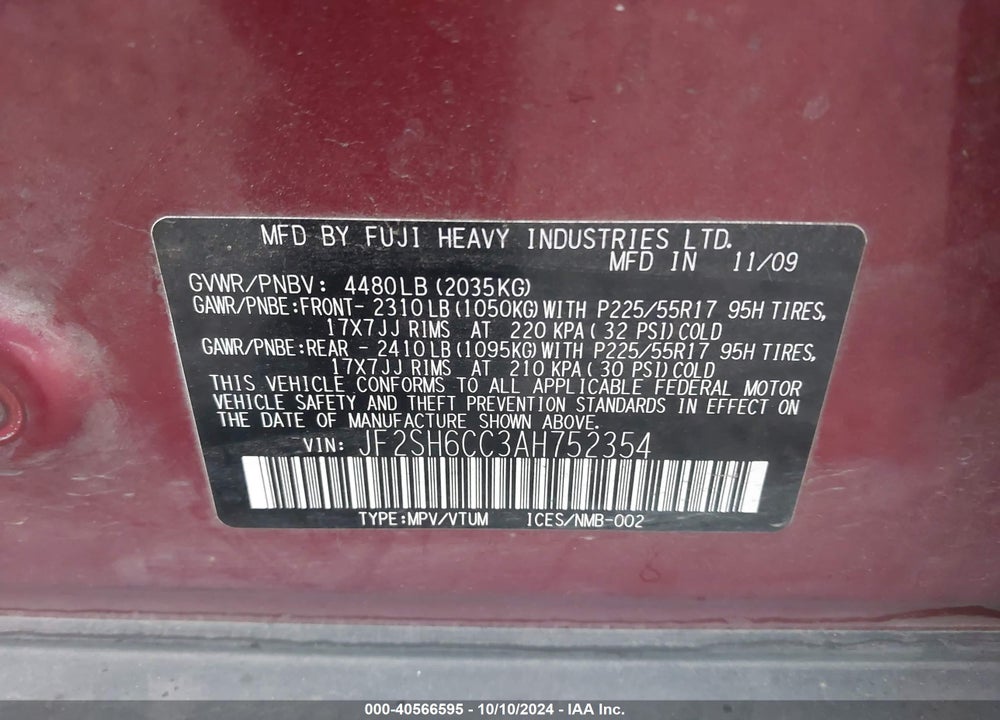 2010 SUBARU FORESTER 2.5X PREMIUM VIN: JF2SH6CC3AH752354