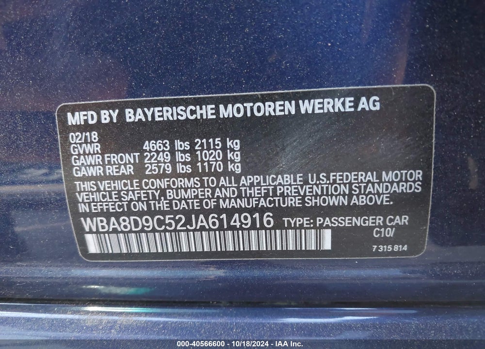 2018 BMW 330I XDRIVE VIN: WBA8D9C52JA614916