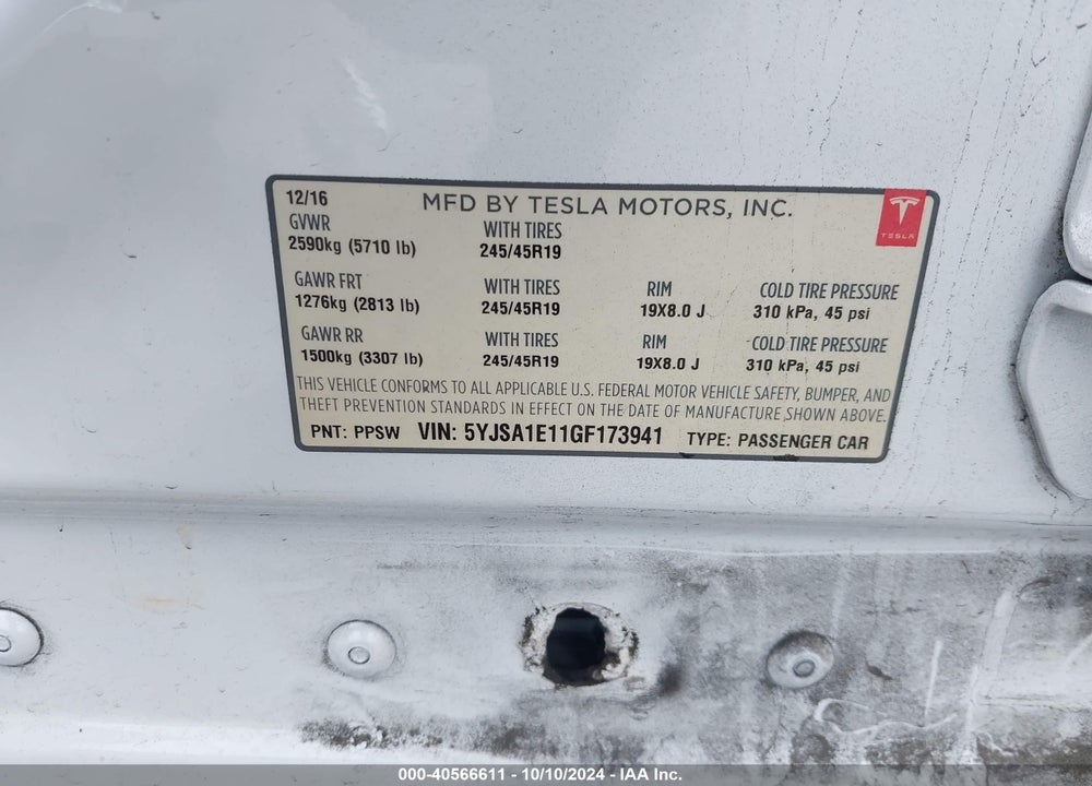 2016 TESLA MODEL S 60/70/75/85 VIN: 5YJSA1E11GF173941