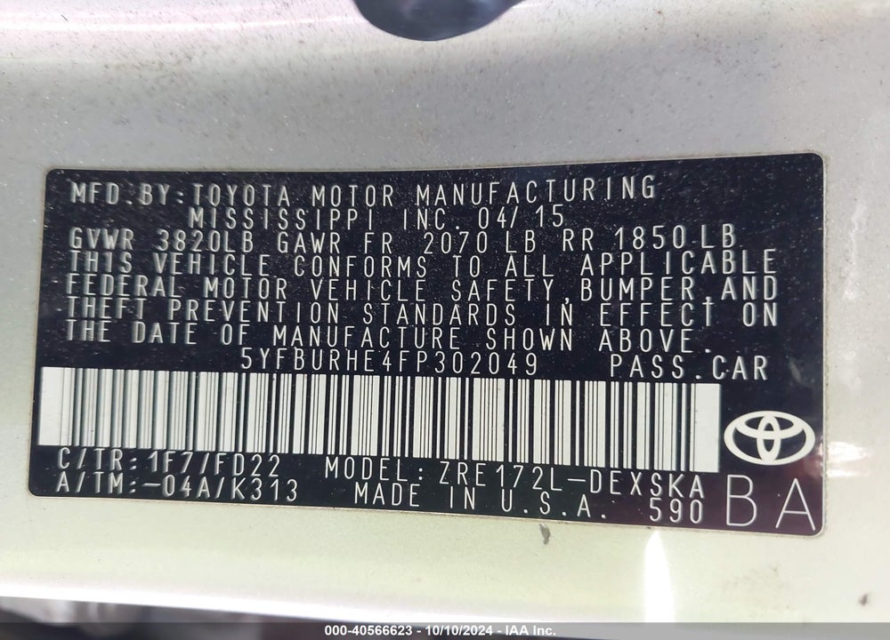 2015 TOYOTA COROLLA S PLUS VIN: 5YFBURHE4FP302049