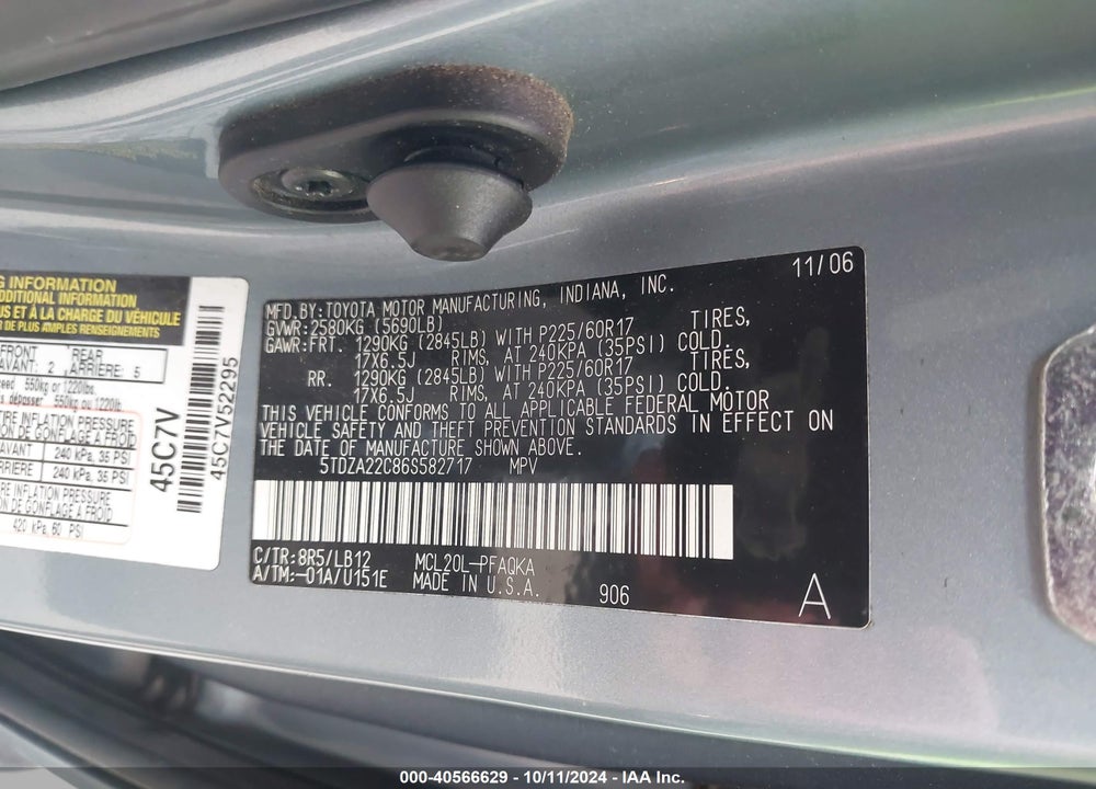 2006 TOYOTA SIENNA XLE VIN: 5TDZA22C86S582717