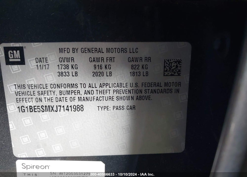 2018 CHEVROLET CRUZE LT AUTO VIN: 1G1BE5SMXJ7141988