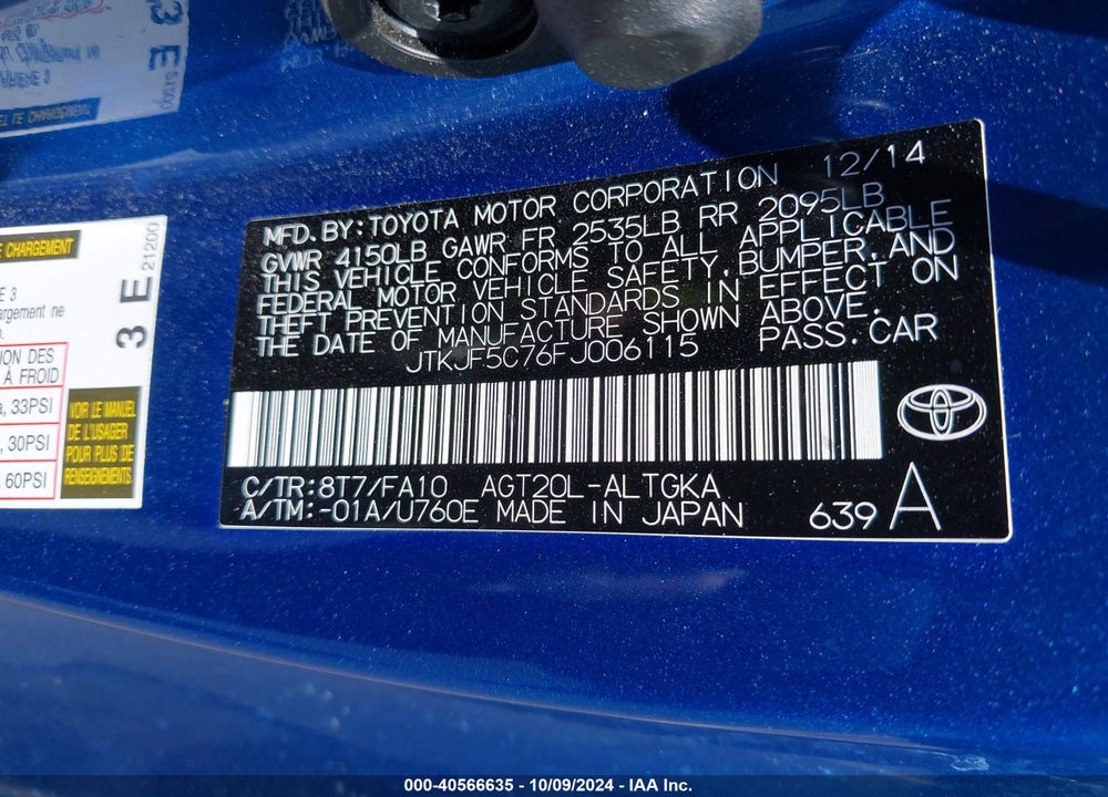 2015 SCION TC RELEASE SERIES 9.0 VIN: JTKJF5C76FJ006115